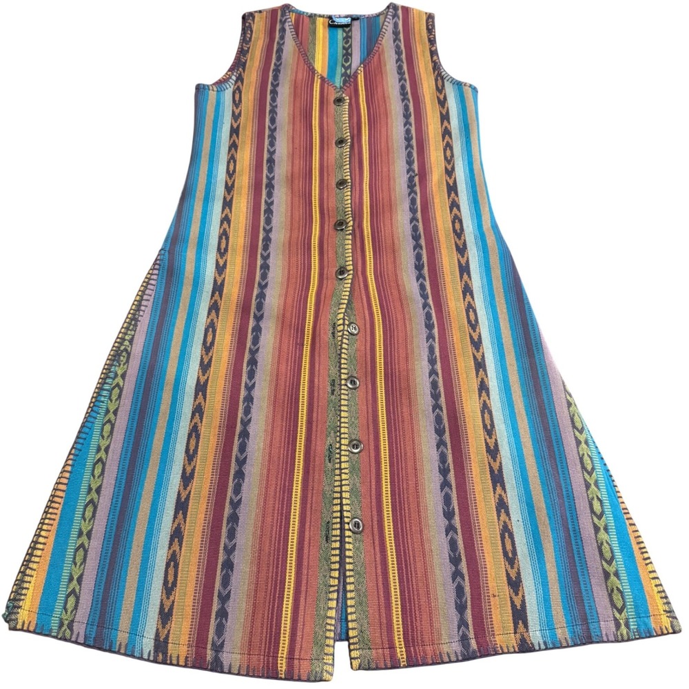 Vintage Geometric Striped Long Button Up Vest Duster Western Boho Festival  L